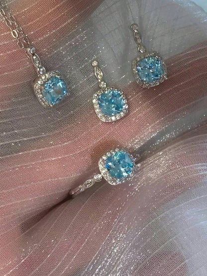 4pcs Ocean Heart-Shaped Blue Cube Jewelry Set- Necklace, Earrings, Ring, Perfect Gift For Girlfriend, Daily Wear Or Special Occasions,Classy,Festival