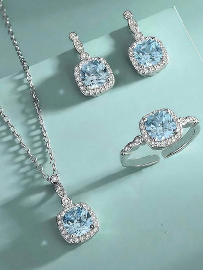 4pcs Ocean Heart-Shaped Blue Cube Jewelry Set- Necklace, Earrings, Ring, Perfect Gift For Girlfriend, Daily Wear Or Special Occasions,Classy,Festival