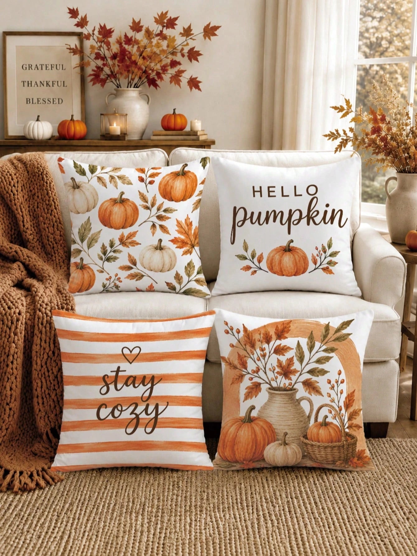 4pcs Orange Striped Autumn Pumpkin & Leaf Pattern Cushion Covers, Single-Sided Printed Skin-Friendly Peach Skin Velvet Material, 45*45CM Pillow Covers Suitable For Home Bedroom Living Room Room Party