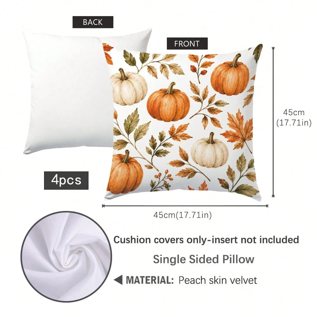 4pcs Orange Striped Autumn Pumpkin & Leaf Pattern Cushion Covers, Single-Sided Printed Skin-Friendly Peach Skin Velvet Material, 45*45CM Pillow Covers Suitable For Home Bedroom Living Room Room Party