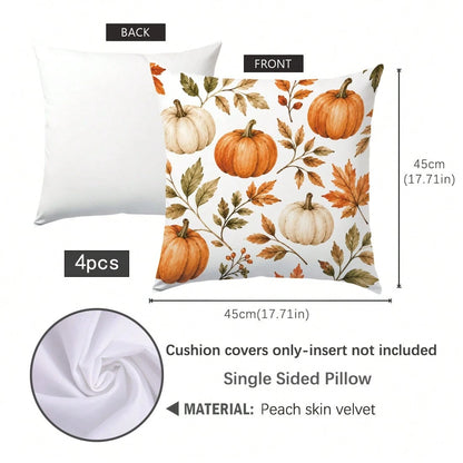 4pcs Orange Striped Autumn Pumpkin & Leaf Pattern Cushion Covers, Single-Sided Printed Skin-Friendly Peach Skin Velvet Material, 45*45CM Pillow Covers Suitable For Home Bedroom Living Room Room Party