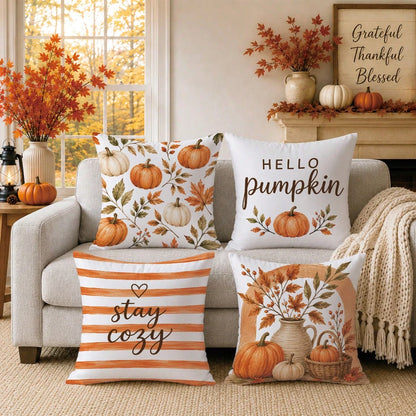 4pcs Orange Striped Autumn Pumpkin & Leaf Pattern Cushion Covers, Single-Sided Printed Skin-Friendly Peach Skin Velvet Material, 45*45CM Pillow Covers Suitable For Home Bedroom Living Room Room Party