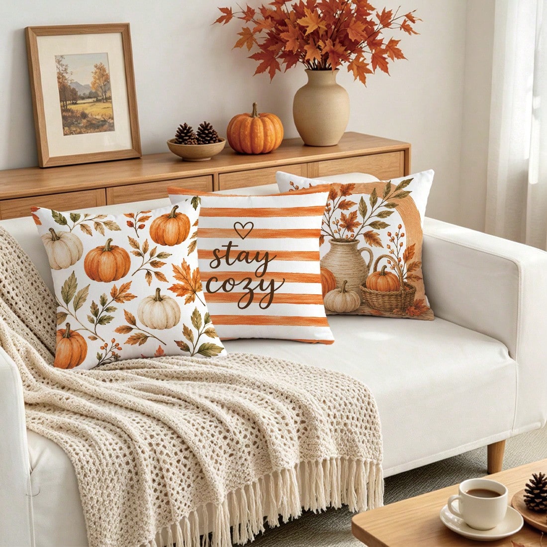 4pcs Orange Striped Autumn Pumpkin & Leaf Pattern Cushion Covers, Single-Sided Printed Skin-Friendly Peach Skin Velvet Material, 45*45CM Pillow Covers Suitable For Home Bedroom Living Room Room Party