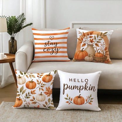 4pcs Orange Striped Autumn Pumpkin & Leaf Pattern Cushion Covers, Single-Sided Printed Skin-Friendly Peach Skin Velvet Material, 45*45CM Pillow Covers Suitable For Home Bedroom Living Room Room Party