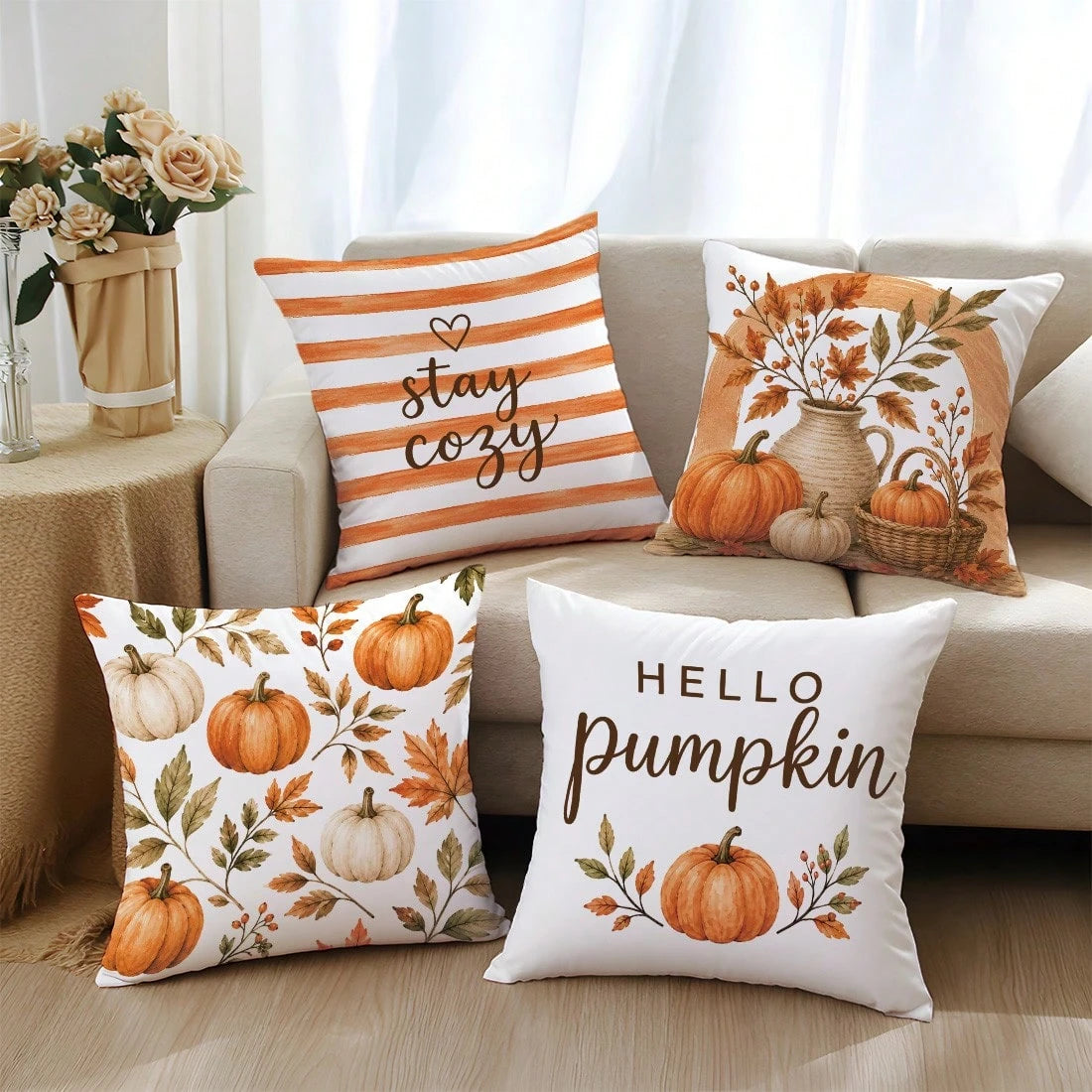 4pcs Orange Striped Autumn Pumpkin & Leaf Pattern Cushion Covers, Single-Sided Printed Skin-Friendly Peach Skin Velvet Material, 45*45CM Pillow Covers Suitable For Home Bedroom Living Room Room Party