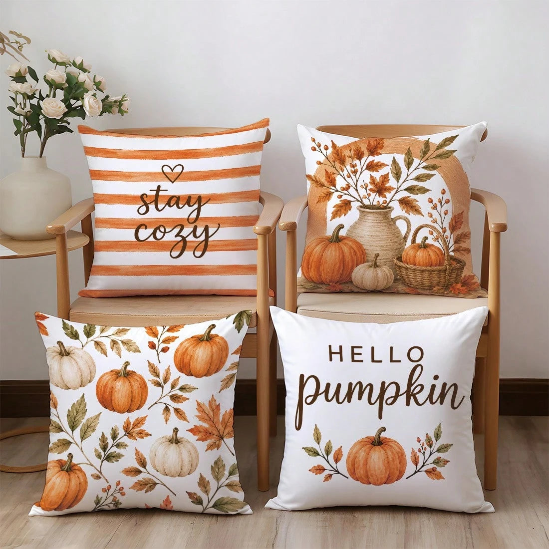 4pcs Orange Striped Autumn Pumpkin & Leaf Pattern Cushion Covers, Single-Sided Printed Skin-Friendly Peach Skin Velvet Material, 45*45CM Pillow Covers Suitable For Home Bedroom Living Room Room Party