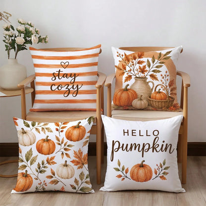 4pcs Orange Striped Autumn Pumpkin & Leaf Pattern Cushion Covers, Single-Sided Printed Skin-Friendly Peach Skin Velvet Material, 45*45CM Pillow Covers Suitable For Home Bedroom Living Room Room Party