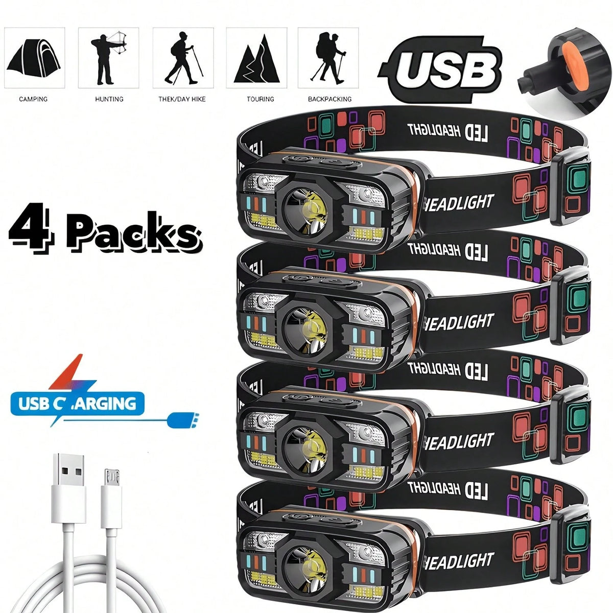 4Pcs Rechargeable LED Headlamp, USB-C Charging With 6 Lighting Modes, Adjustable Focus & Motion Sensor On/Off, Compact & Lightweight, For Camping Hiking Running Cycling Fishing Repair Work Outdoor Adv