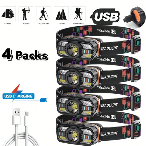 4Pcs Rechargeable LED Headlamp, USB-C Charging With 6 Lighting Modes, Adjustable Focus & Motion Sensor On/Off, Compact & Lightweight, For Camping Hiking Running Cycling Fishing Repair Work Outdoor Adv