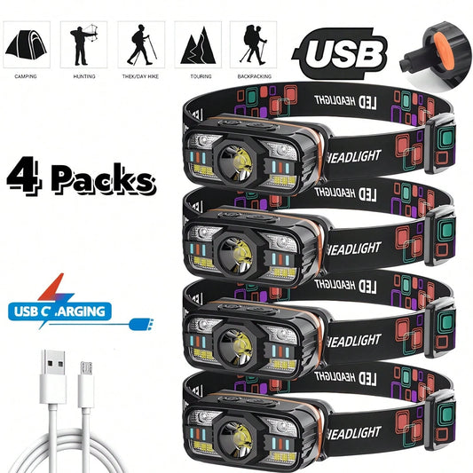 4Pcs Rechargeable LED Headlamp, USB-C Charging With 6 Lighting Modes, Adjustable Focus & Motion Sensor On/Off, Compact & Lightweight, For Camping Hiking Running Cycling Fishing Repair Work Outdoor Adv