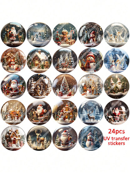 4pcs Round Christmas Snowman Snowflake Glass Ball Christmas Tree Hanging Ornaments DIY UV DTF Transfer Stickers Decoration, Winter Merry Christmas Theme Suitable For Mugs, Coffee Cups, Glassware, Vase
