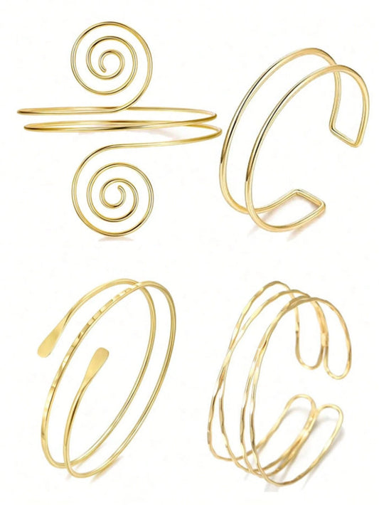 4pcs/Set Minimalist Metal Arm Cuff Bracelet, Adjustable Armlet, Suitable For Daily Wear, Street Style And Vacation