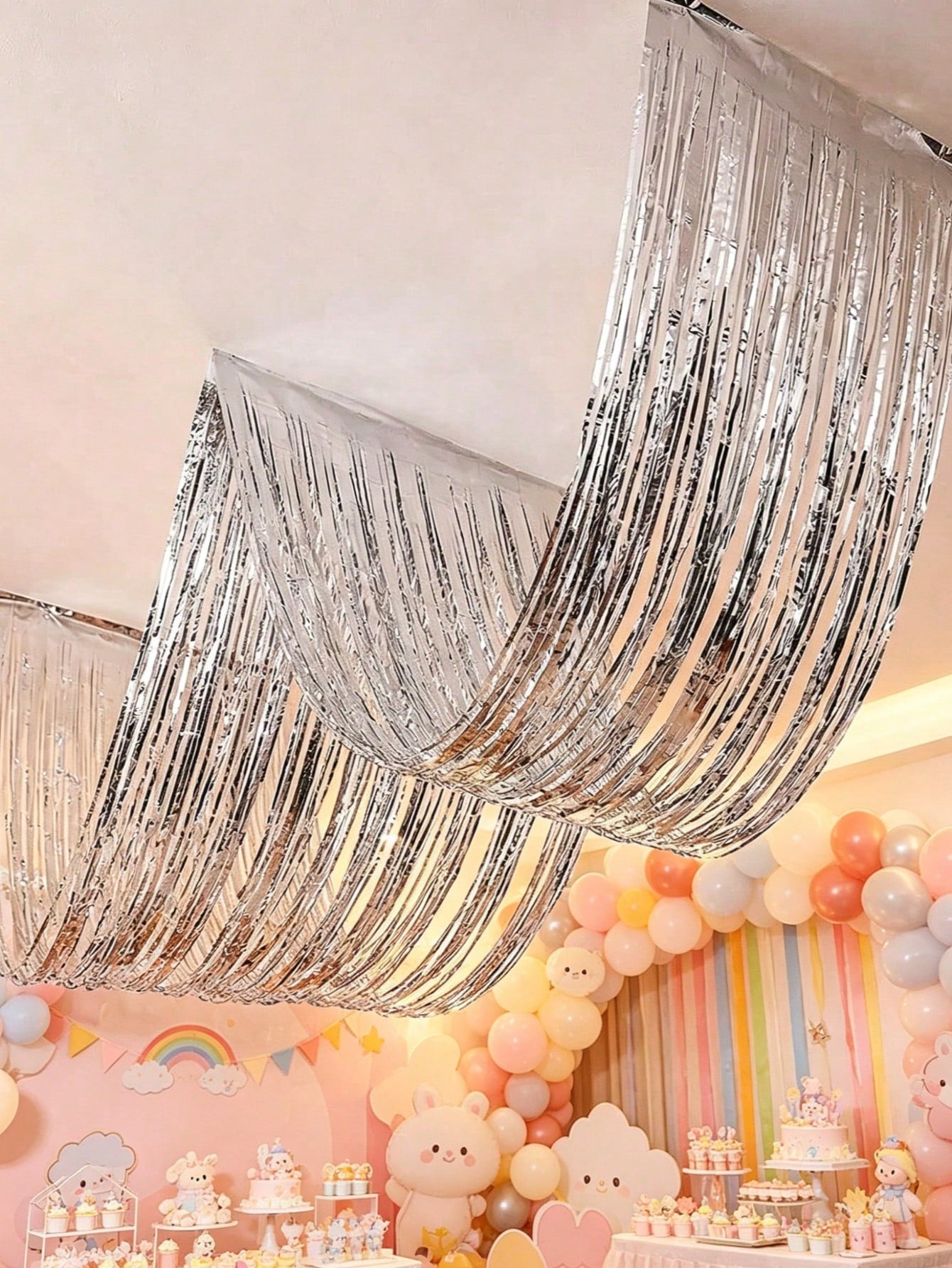 4pcs Silver Rain Curtain, Silver Party Background Decoration Tassel Curtain- 177inch, Ceiling Decoration Rain Curtain, Baby Shower Supplies, 1st Birthday Party Decoration, Hanging Ceiling Tassel Back