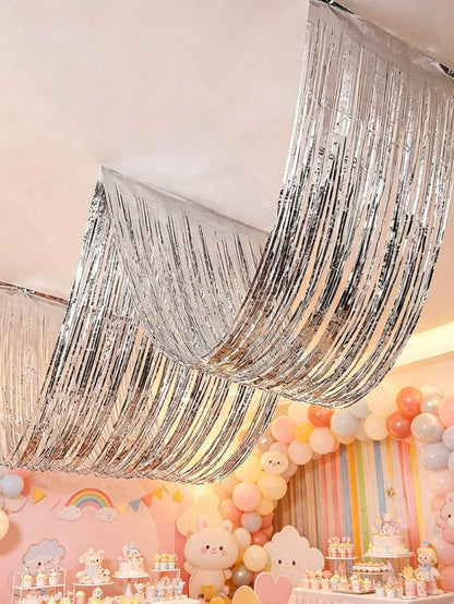 4pcs Silver Rain Curtain, Silver Party Background Decoration Tassel Curtain- 177inch, Ceiling Decoration Rain Curtain, Baby Shower Supplies, 1st Birthday Party Decoration, Hanging Ceiling Tassel Back