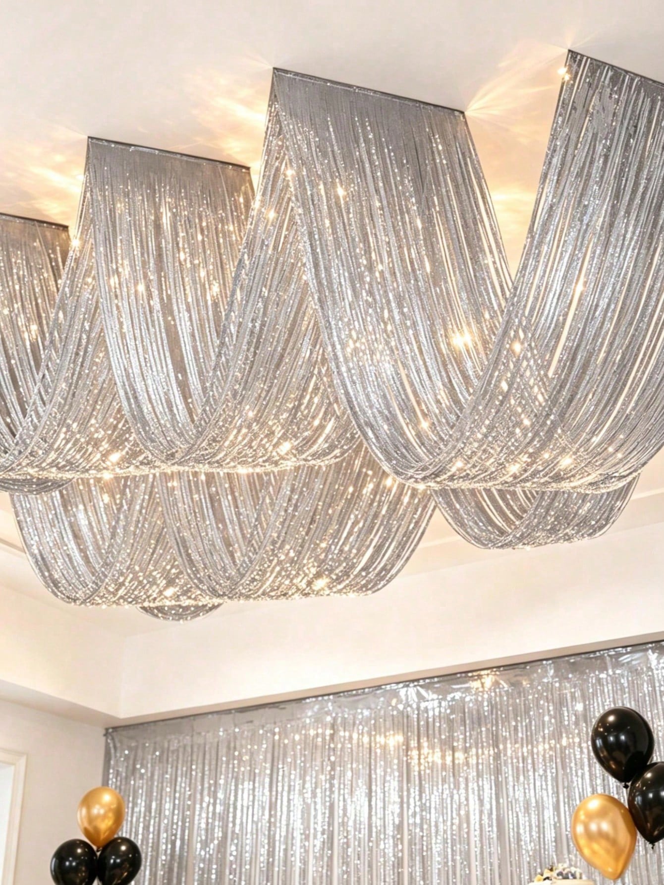 4pcs Silver Rain Curtain, Silver Party Background Decoration Tassel Curtain- 177inch, Ceiling Decoration Rain Curtain, Baby Shower Supplies, 1st Birthday Party Decoration, Hanging Ceiling Tassel Back