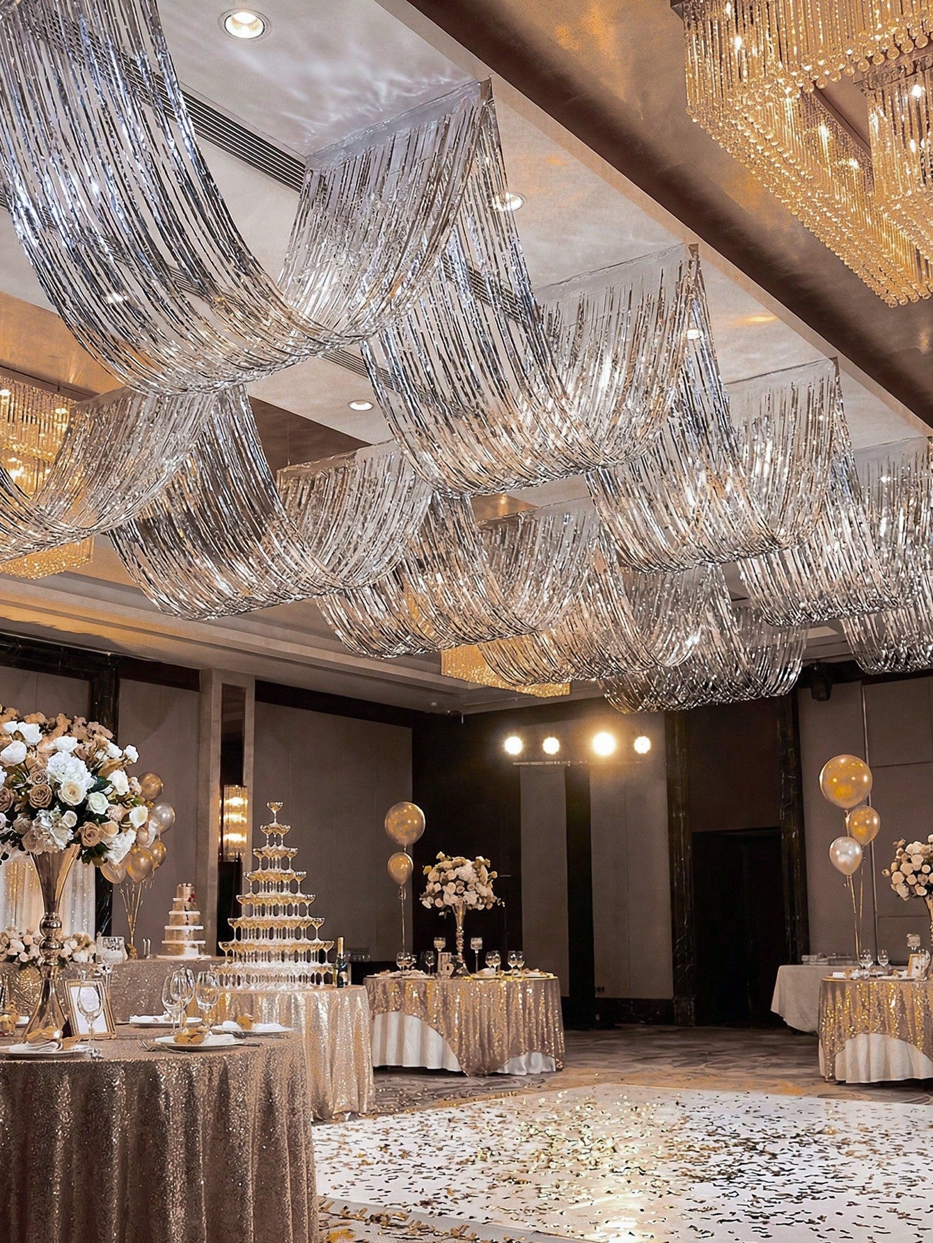 4pcs Silver Rain Curtain, Silver Party Background Decoration Tassel Curtain- 177inch, Ceiling Decoration Rain Curtain, Baby Shower Supplies, 1st Birthday Party Decoration, Hanging Ceiling Tassel Back