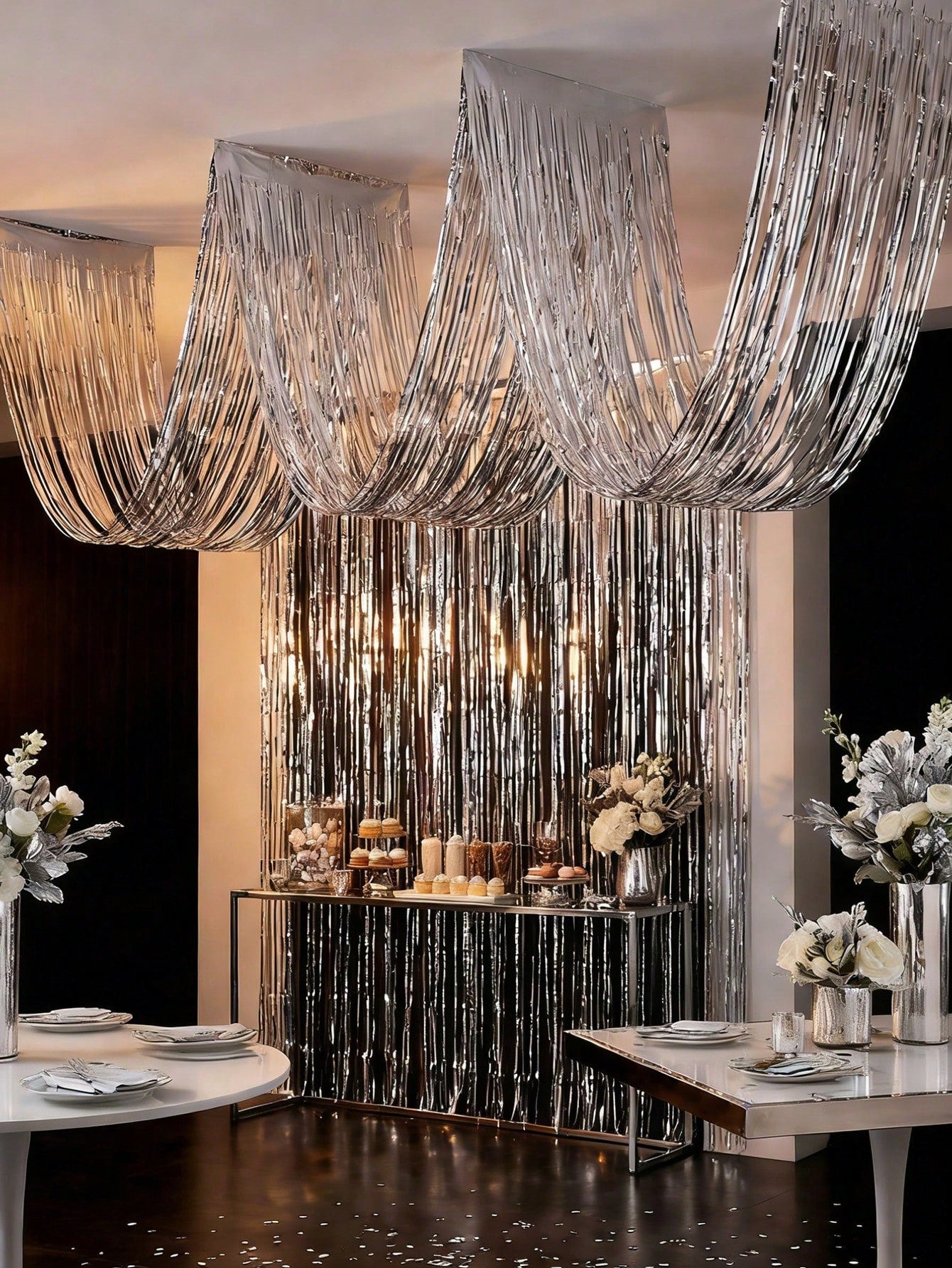 4pcs Silver Rain Curtain, Silver Party Background Decoration Tassel Curtain- 177inch, Ceiling Decoration Rain Curtain, Baby Shower Supplies, 1st Birthday Party Decoration, Hanging Ceiling Tassel Back