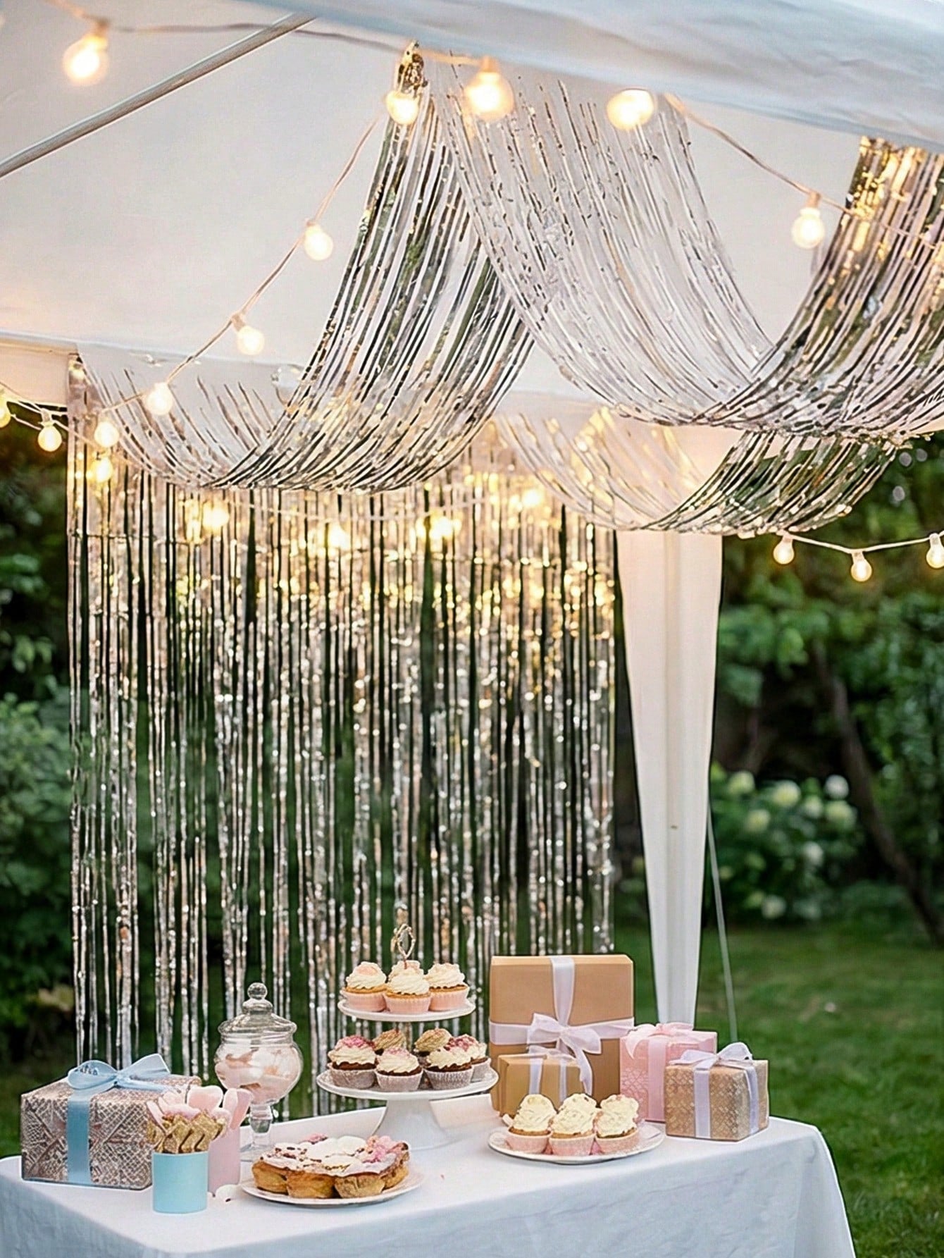 4pcs Silver Rain Curtain, Silver Party Background Decoration Tassel Curtain- 177inch, Ceiling Decoration Rain Curtain, Baby Shower Supplies, 1st Birthday Party Decoration, Hanging Ceiling Tassel Back