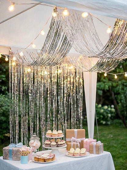 4pcs Silver Rain Curtain, Silver Party Background Decoration Tassel Curtain- 177inch, Ceiling Decoration Rain Curtain, Baby Shower Supplies, 1st Birthday Party Decoration, Hanging Ceiling Tassel Back