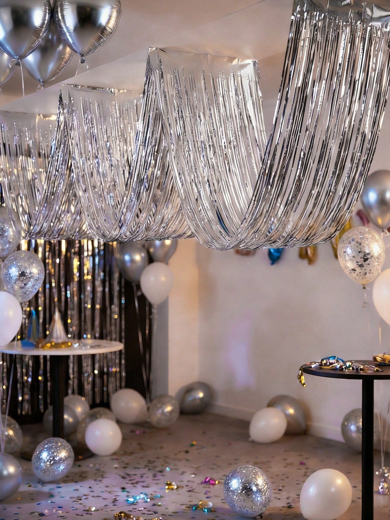 4pcs Silver Rain Curtain, Silver Party Background Decoration Tassel Curtain- 177inch, Ceiling Decoration Rain Curtain, Baby Shower Supplies, 1st Birthday Party Decoration, Hanging Ceiling Tassel Back