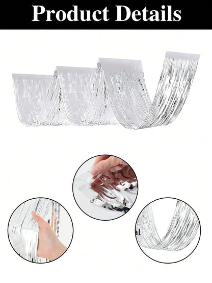 4pcs Silver Rain Curtain, Silver Party Background Decoration Tassel Curtain- 177inch, Ceiling Decoration Rain Curtain, Baby Shower Supplies, 1st Birthday Party Decoration, Hanging Ceiling Tassel Back