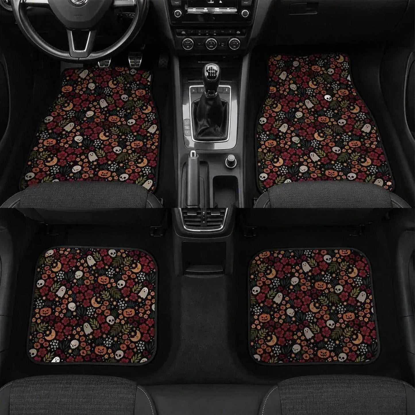 4pcs Spooky Halloween Goth Kawaii Car Floor Mats, Non Slip TPR Rubber Backing| Soft Flannel Surface, All Weather Dirt Protection, Easy To Install, Universal Fit For Most Cars SUVs, Special Gift Cho