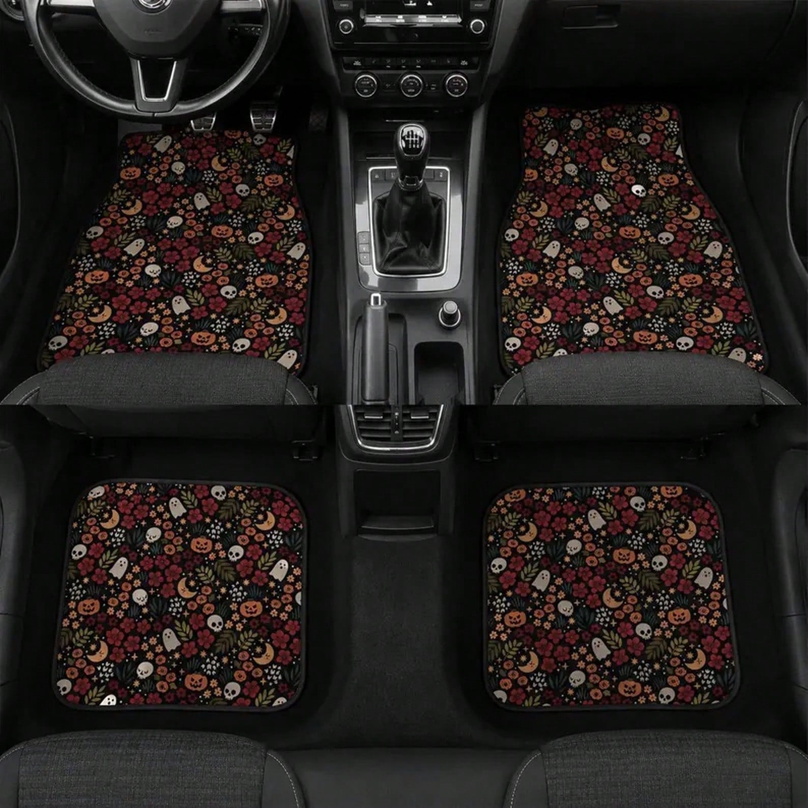 4pcs Spooky Halloween Goth Kawaii Car Floor Mats, Non Slip TPR Rubber Backing| Soft Flannel Surface, All Weather Dirt Protection, Easy To Install, Universal Fit For Most Cars SUVs, Special Gift Cho