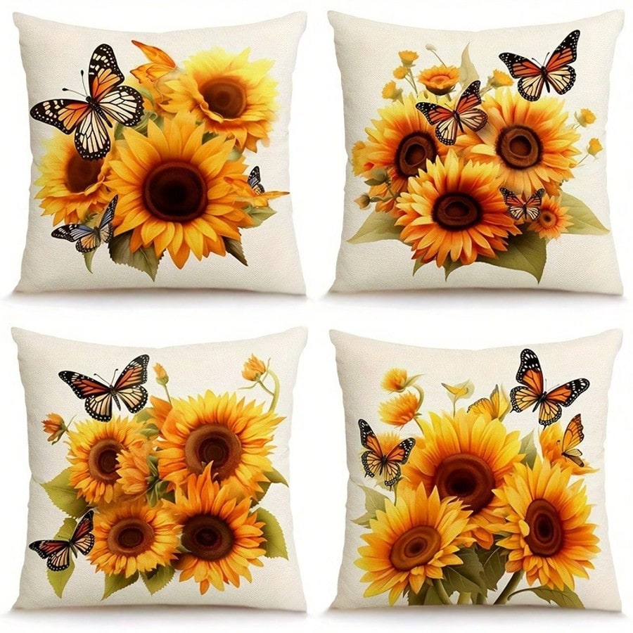 4pcs Sunflower & Butterfly Printed Pillow Covers, 100% Polyester, Hand Wash Only, Zipper Closure, Fabric Decorative Pillowcases For Home And Office, Suitable For Various Rooms