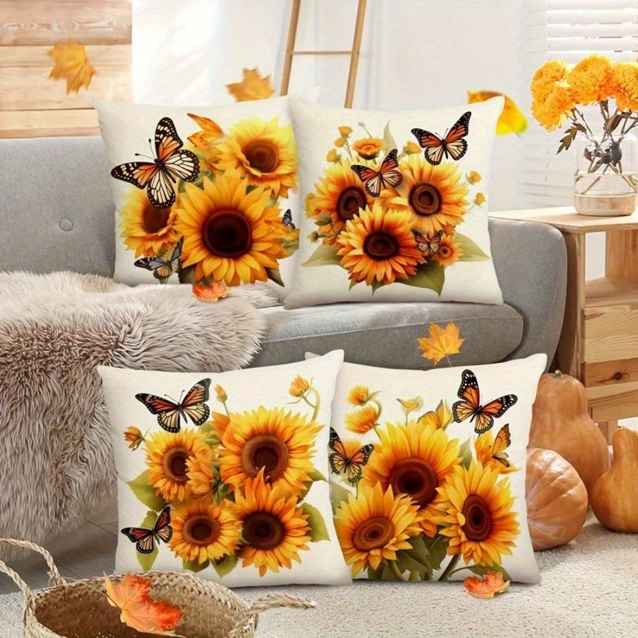 4pcs Sunflower & Butterfly Printed Pillow Covers, 100% Polyester, Hand Wash Only, Zipper Closure, Fabric Decorative Pillowcases For Home And Office, Suitable For Various Rooms