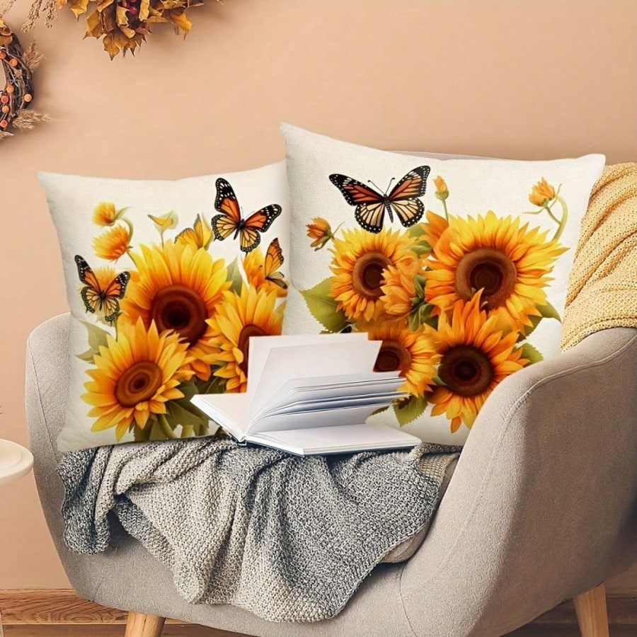 4pcs Sunflower & Butterfly Printed Pillow Covers, 100% Polyester, Hand Wash Only, Zipper Closure, Fabric Decorative Pillowcases For Home And Office, Suitable For Various Rooms