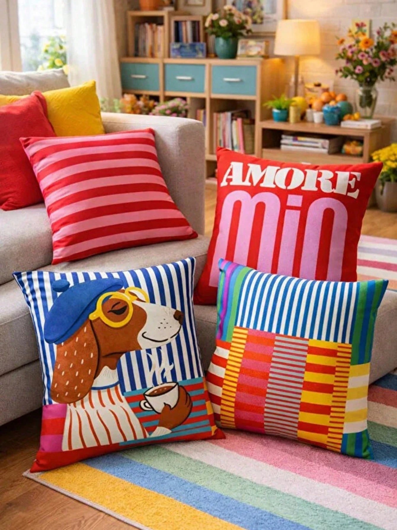 4pcs Vibrant Striped Dachshund Throw Pillow Covers, Retro Color Block Striped Cartoon Puppy Print Pillow Covers, Vibrant Maximalist Modern Art Decorative Pillow Covers, Suitable For Sofa, Bedroom And