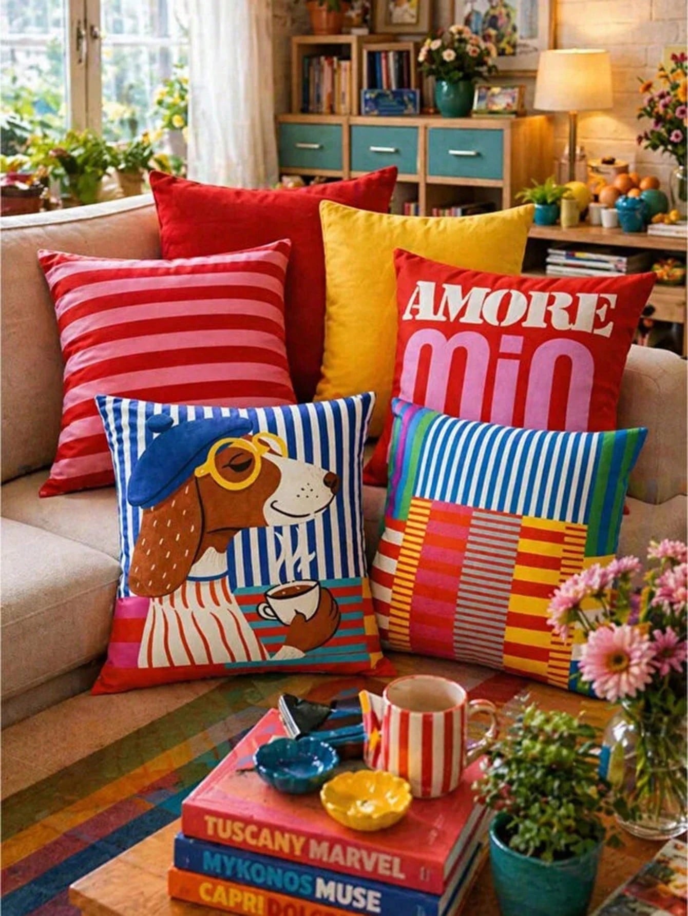 4pcs Vibrant Striped Dachshund Throw Pillow Covers, Retro Color Block Striped Cartoon Puppy Print Pillow Covers, Vibrant Maximalist Modern Art Decorative Pillow Covers, Suitable For Sofa, Bedroom And
