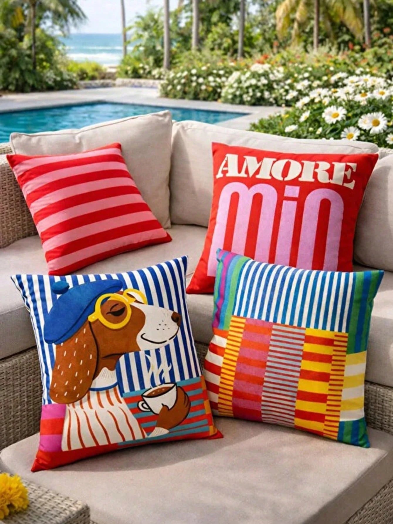 4pcs Vibrant Striped Dachshund Throw Pillow Covers, Retro Color Block Striped Cartoon Puppy Print Pillow Covers, Vibrant Maximalist Modern Art Decorative Pillow Covers, Suitable For Sofa, Bedroom And