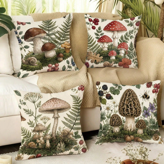 4pcs Vintage Hand-Painted Forest Mushroom & Plant Print Pillow Covers [Pillow Insert Not Included] 40*40cm/45*45cm/50*50cm [Single-Sided Print] Made Of Polyester Material, Featuring Morel, Red Mushroo