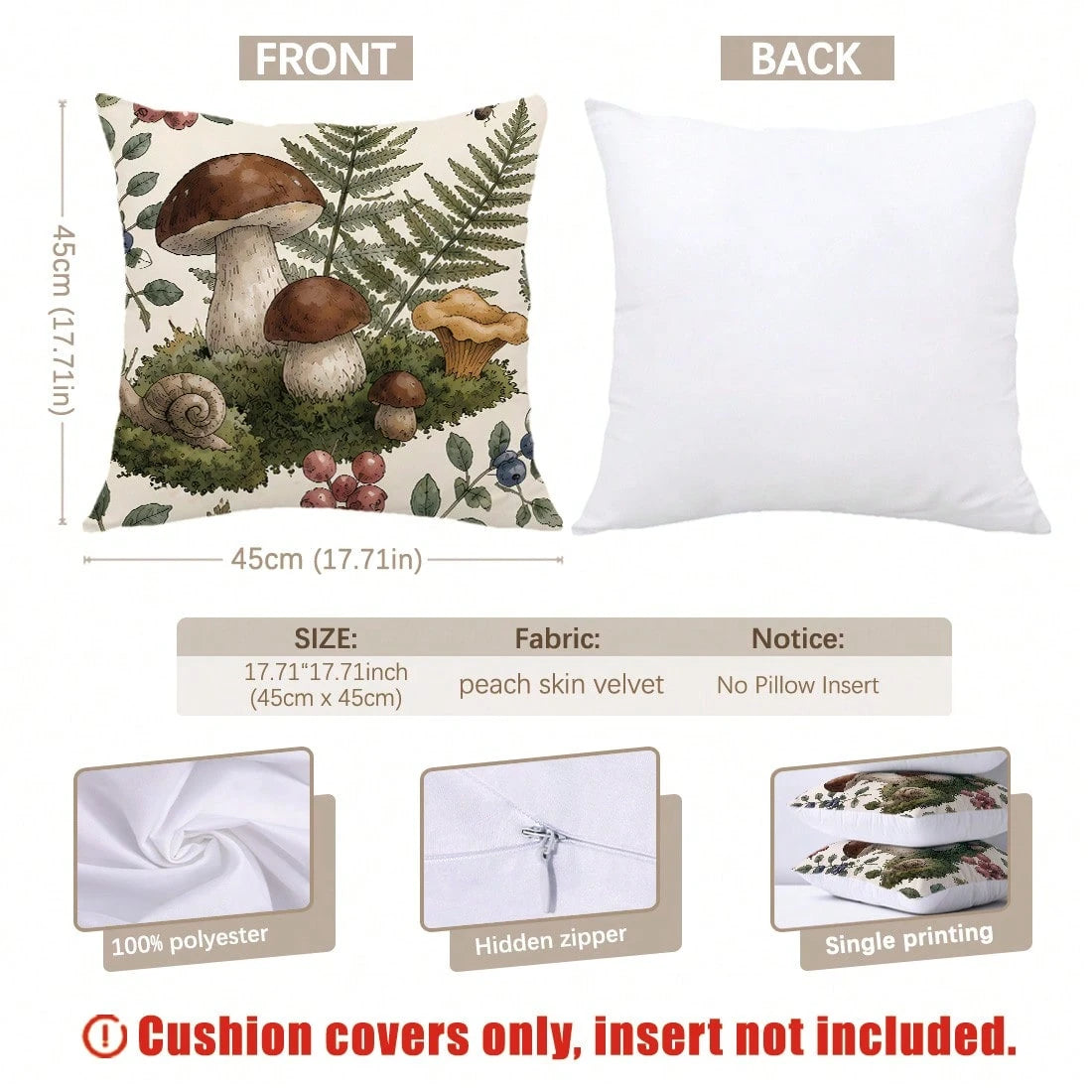 4pcs Vintage Hand-Painted Forest Mushroom & Plant Print Pillow Covers [Pillow Insert Not Included] 40*40cm/45*45cm/50*50cm [Single-Sided Print] Made Of Polyester Material, Featuring Morel, Red Mushroo