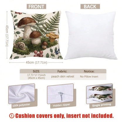 4pcs Vintage Hand-Painted Forest Mushroom & Plant Print Pillow Covers [Pillow Insert Not Included] 40*40cm/45*45cm/50*50cm [Single-Sided Print] Made Of Polyester Material, Featuring Morel, Red Mushroo