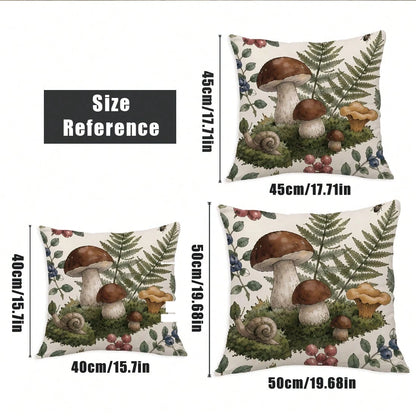 4pcs Vintage Hand-Painted Forest Mushroom & Plant Print Pillow Covers [Pillow Insert Not Included] 40*40cm/45*45cm/50*50cm [Single-Sided Print] Made Of Polyester Material, Featuring Morel, Red Mushroo