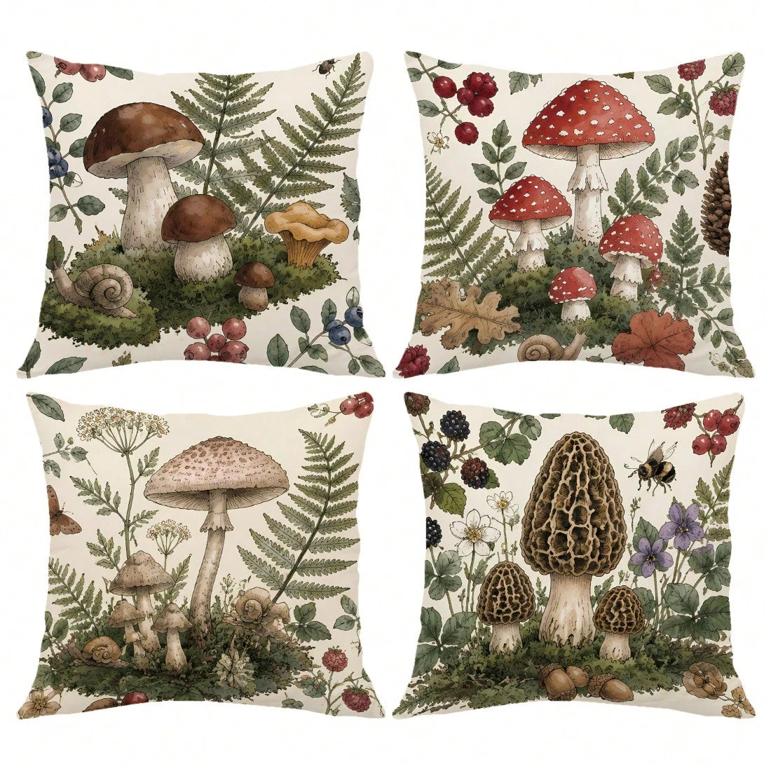 4pcs Vintage Hand-Painted Forest Mushroom & Plant Print Pillow Covers [Pillow Insert Not Included] 40*40cm/45*45cm/50*50cm [Single-Sided Print] Made Of Polyester Material, Featuring Morel, Red Mushroo