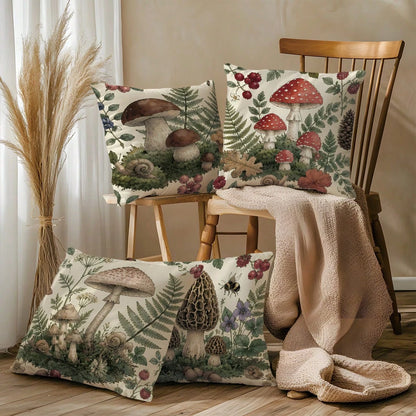 4pcs Vintage Hand-Painted Forest Mushroom & Plant Print Pillow Covers [Pillow Insert Not Included] 40*40cm/45*45cm/50*50cm [Single-Sided Print] Made Of Polyester Material, Featuring Morel, Red Mushroo