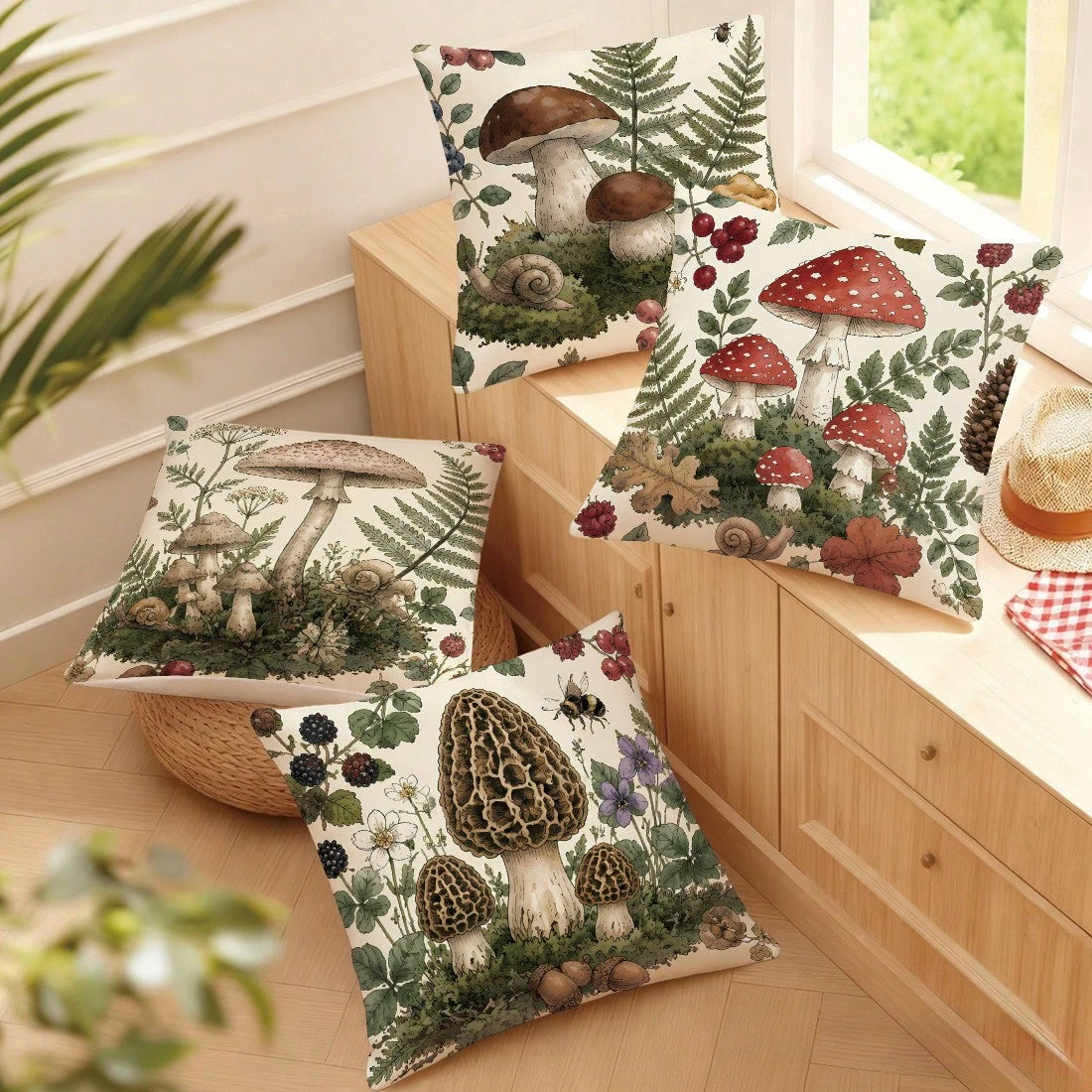 4pcs Vintage Hand-Painted Forest Mushroom & Plant Print Pillow Covers [Pillow Insert Not Included] 40*40cm/45*45cm/50*50cm [Single-Sided Print] Made Of Polyester Material, Featuring Morel, Red Mushroo