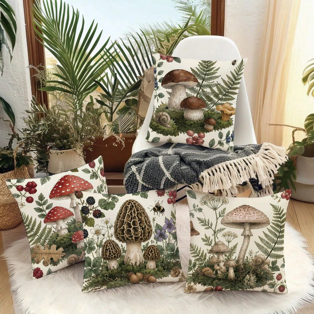 4pcs Vintage Hand-Painted Forest Mushroom & Plant Print Pillow Covers [Pillow Insert Not Included] 40*40cm/45*45cm/50*50cm [Single-Sided Print] Made Of Polyester Material, Featuring Morel, Red Mushroo