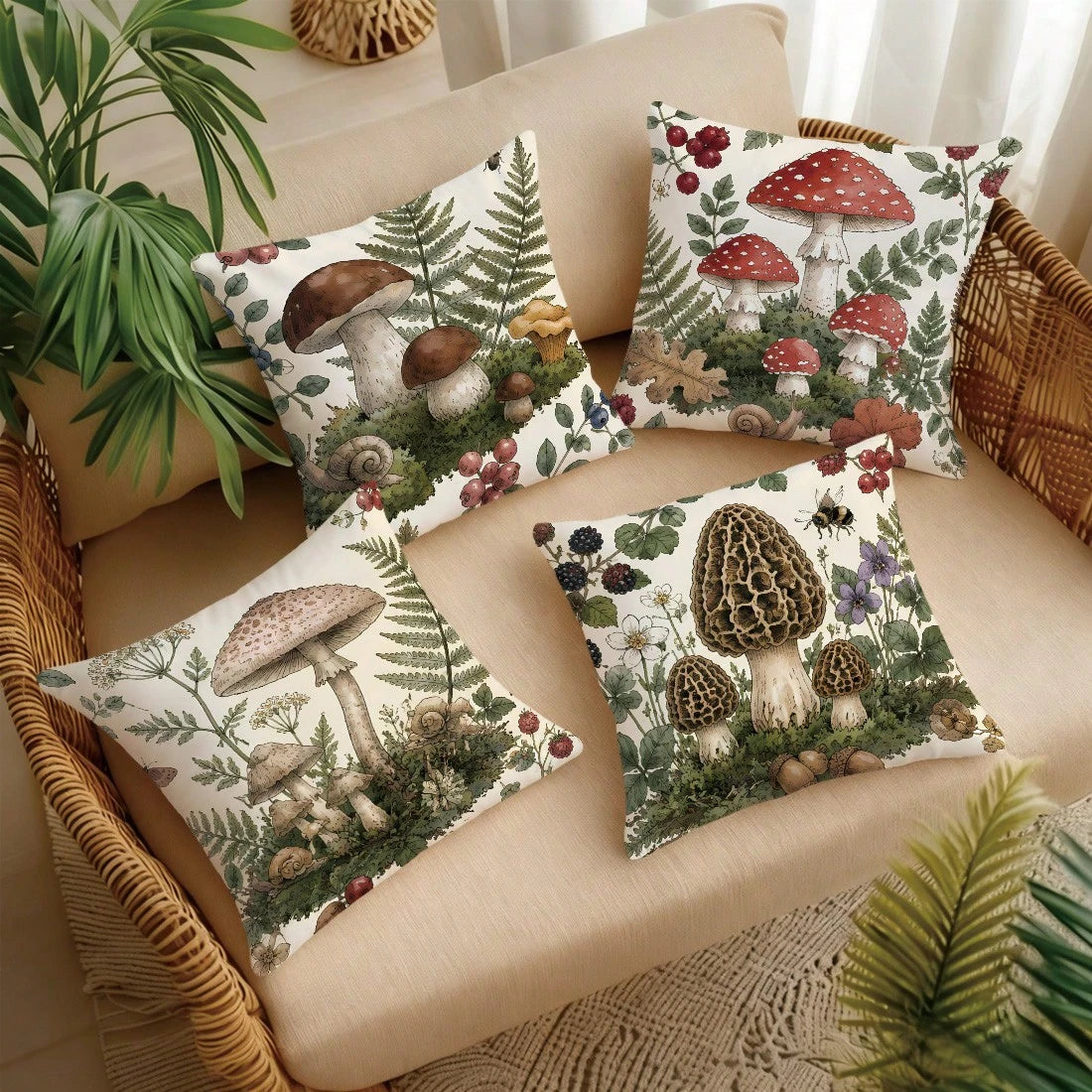 4pcs Vintage Hand-Painted Forest Mushroom & Plant Print Pillow Covers [Pillow Insert Not Included] 40*40cm/45*45cm/50*50cm [Single-Sided Print] Made Of Polyester Material, Featuring Morel, Red Mushroo