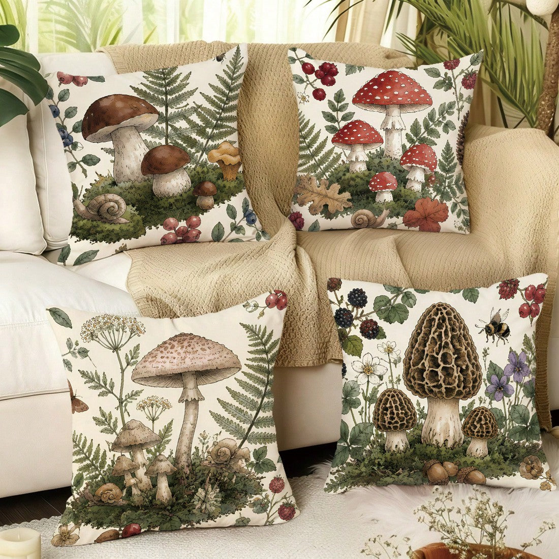 4pcs Vintage Hand-Painted Forest Mushroom & Plant Print Pillow Covers [Pillow Insert Not Included] 40*40cm/45*45cm/50*50cm [Single-Sided Print] Made Of Polyester Material, Featuring Morel, Red Mushroo