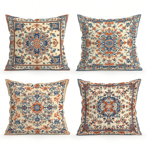 4pcs Vintage Persian Floral Throw Pillow Covers, Bohemian Vintage Persian Carpet Pattern Mandala Floral Design Without Inserts, Single-Sided Printed Pillow Covers, Suitable For Living Room Bedroom Hom