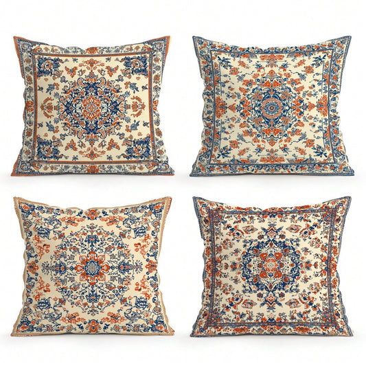4pcs Vintage Persian Floral Throw Pillow Covers, Bohemian Vintage Persian Carpet Pattern Mandala Floral Design Without Inserts, Single-Sided Printed Pillow Covers, Suitable For Living Room Bedroom Hom