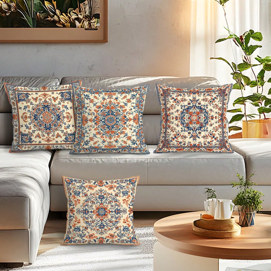 4pcs Vintage Persian Floral Throw Pillow Covers, Bohemian Vintage Persian Carpet Pattern Mandala Floral Design Without Inserts, Single-Sided Printed Pillow Covers, Suitable For Living Room Bedroom Hom