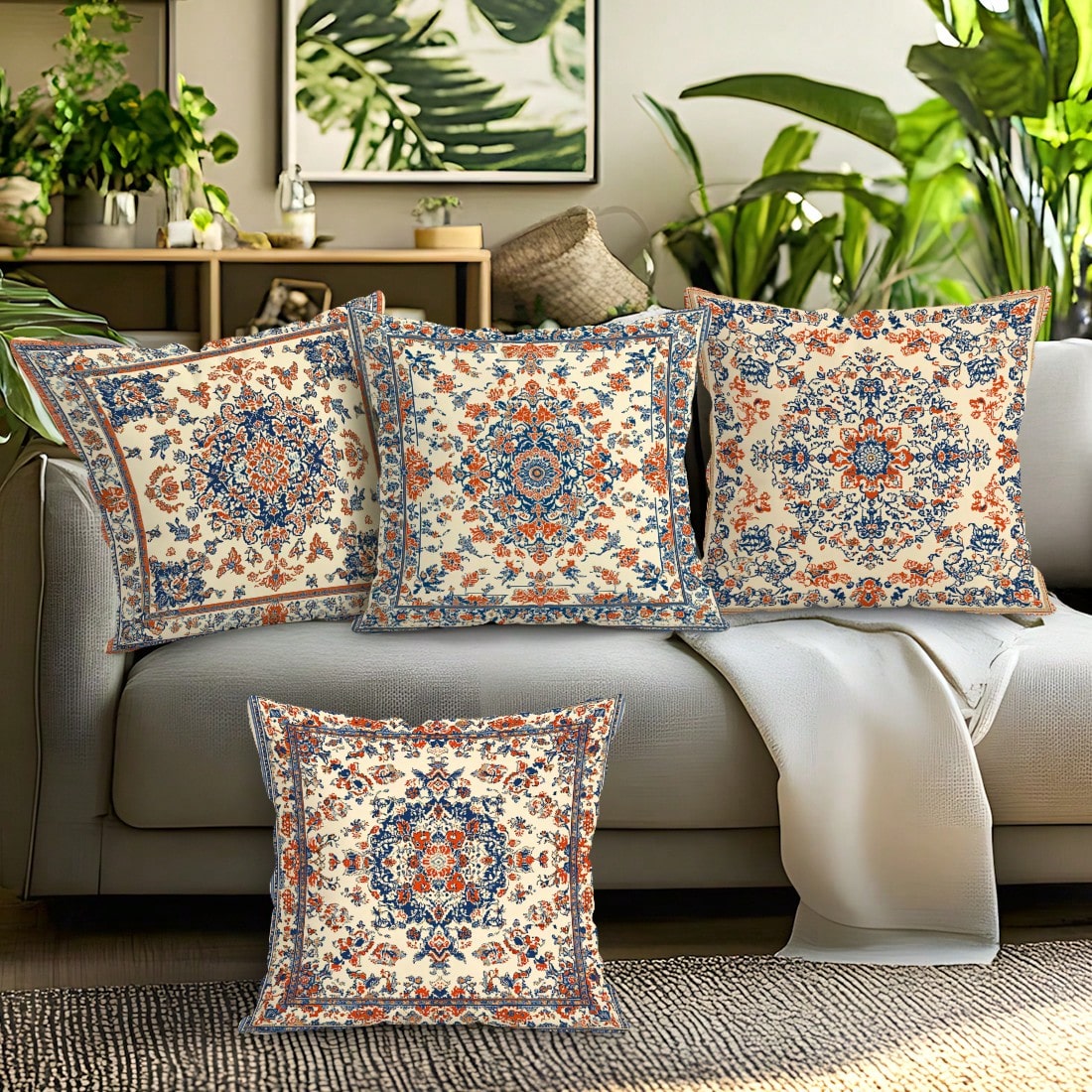 4pcs Vintage Persian Floral Throw Pillow Covers, Bohemian Vintage Persian Carpet Pattern Mandala Floral Design Without Inserts, Single-Sided Printed Pillow Covers, Suitable For Living Room Bedroom Hom