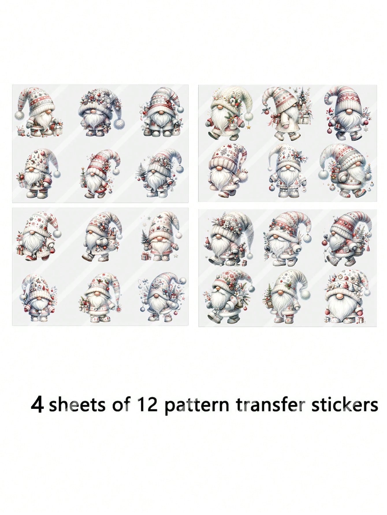 4pcs White Christmas Gnome Elf Santa Claus DIY UV DTF Transfer Stickers, Winter Merry Christmas Theme Suitable For Mugs, Coffee Cups, Tumblers, Laptops, Phone Cases, Greeting Cards, Illustrations, Jun