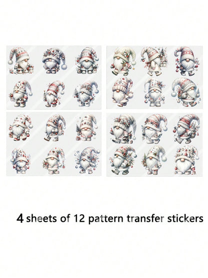 4pcs White Christmas Gnome Elf Santa Claus DIY UV DTF Transfer Stickers, Winter Merry Christmas Theme Suitable For Mugs, Coffee Cups, Tumblers, Laptops, Phone Cases, Greeting Cards, Illustrations, Jun