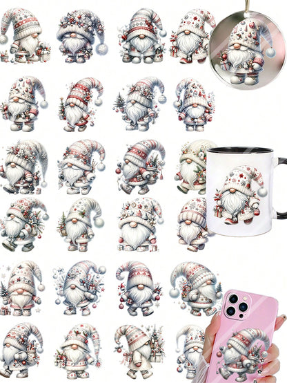 4pcs White Christmas Gnome Elf Santa Claus DIY UV DTF Transfer Stickers, Winter Merry Christmas Theme Suitable For Mugs, Coffee Cups, Tumblers, Laptops, Phone Cases, Greeting Cards, Illustrations, Jun